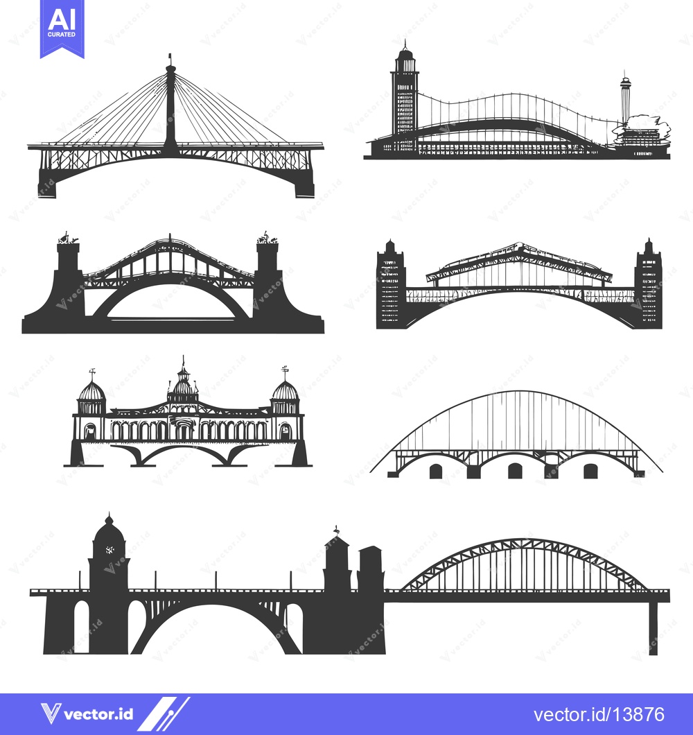 Premium Vector of A Collection of Six Hand-Drawn Silhouettes of Various Bridges