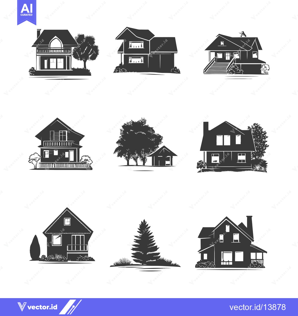 Premium Vector of A Collection of Six Silhouettes of Houses with Landscaping