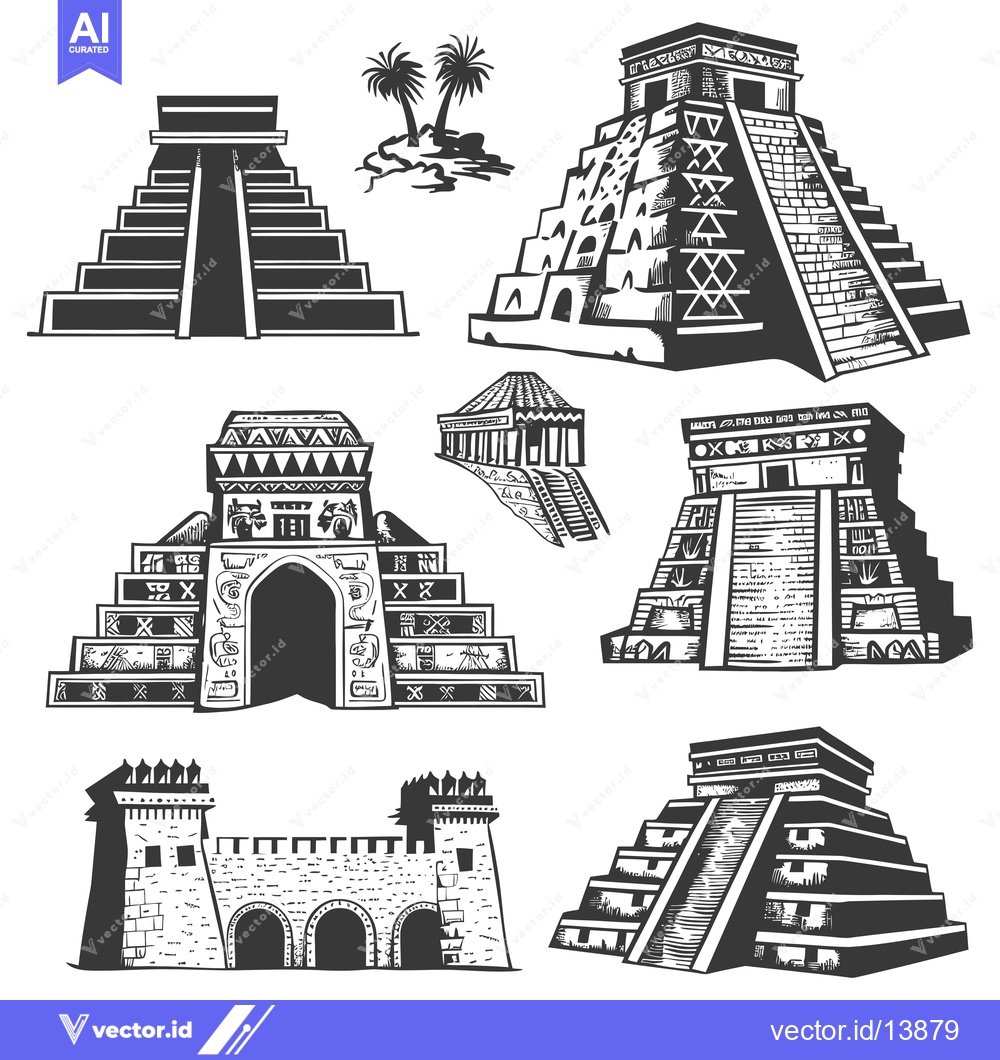 Premium Vector of A Collection of Six Stylized Mayan Temples and Structures