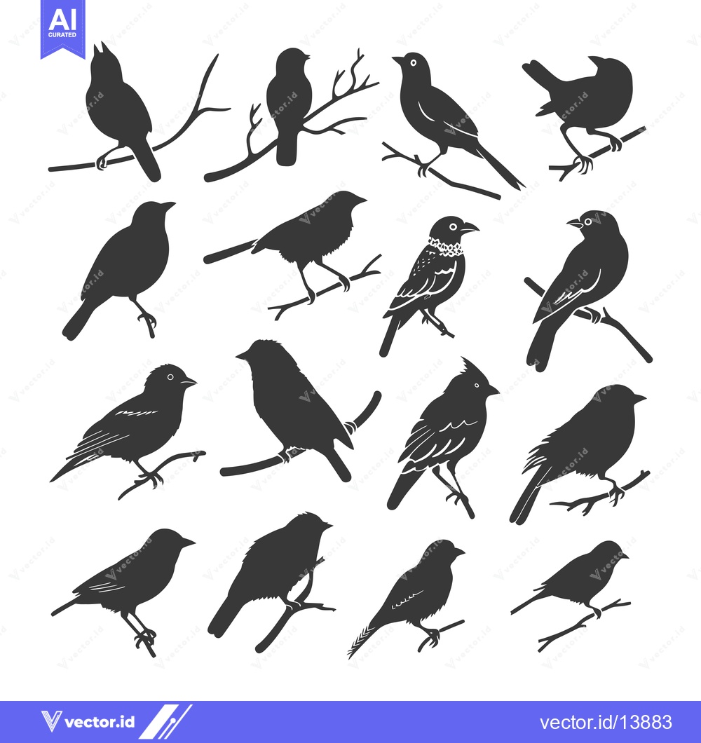 Premium Vector of A Collection of Sixteen Bird Silhouettes on Branches