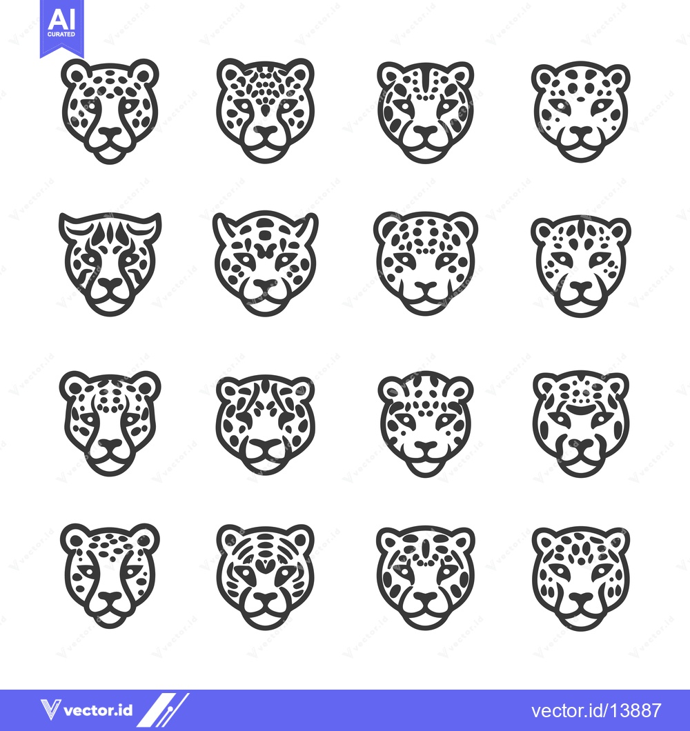 Premium Vector of A Collection of Sixteen Black and White Leopard Head Illustrations