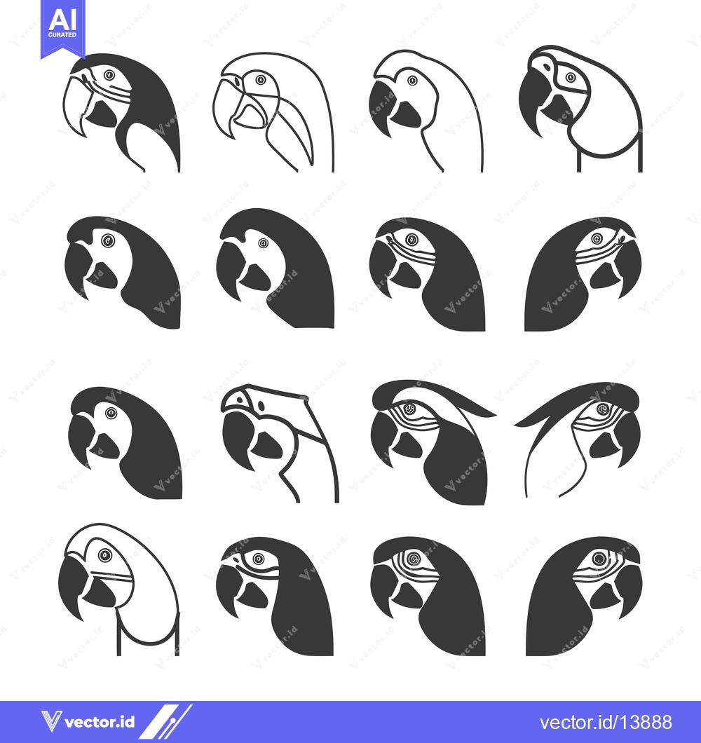 Premium Vector of A Collection of Sixteen Black and White Macaw Parrot Head Silhouettes