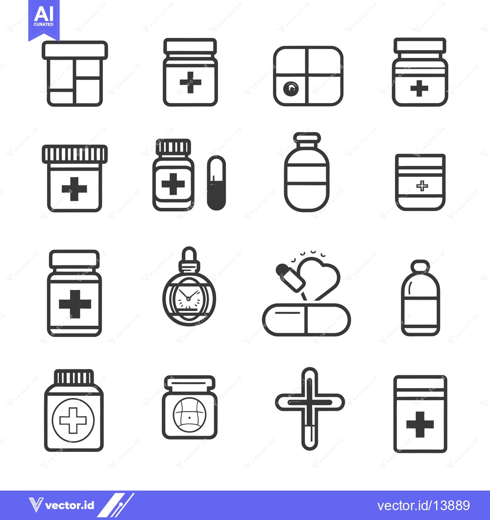 Premium Vector of A Collection of Sixteen Black and White Medication Icons