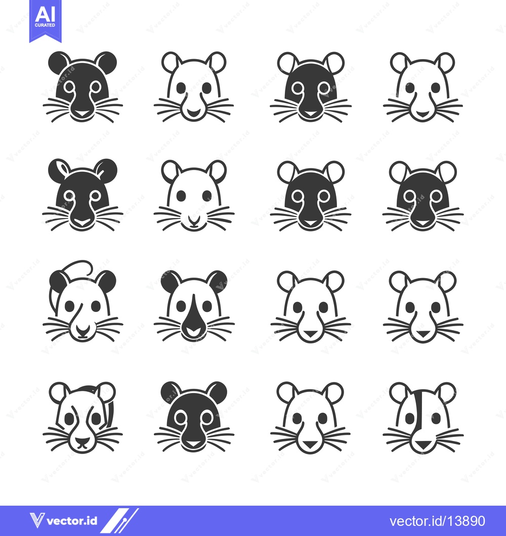 Premium Vector dari A Collection of Sixteen Black and White Mouse Faces with Varying Featu