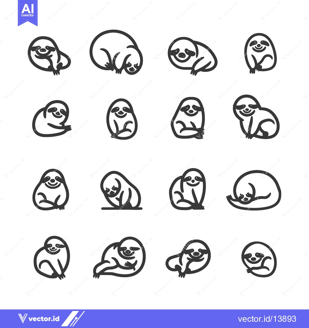 Premium Vector dari A Collection of Sixteen Black and White Outline Sloth Illustrations