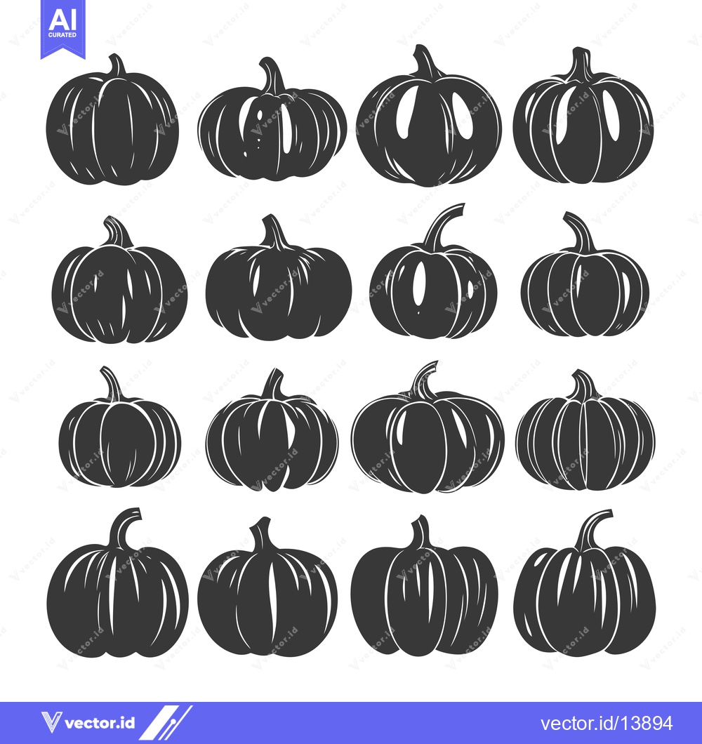 Premium Vector of A Collection of Sixteen Black and White Pumpkin Silhouettes