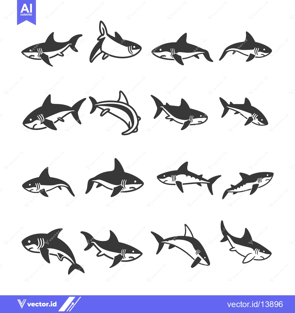 Premium Vector dari A Collection of Sixteen Black and White Shark Silhouettes