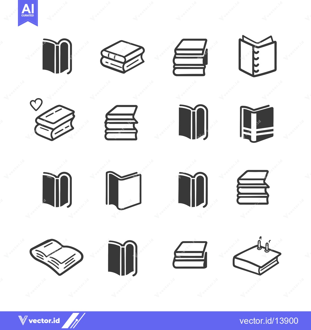 Premium Vector dari A Collection of Sixteen Book Icons in Various Positions and Styles