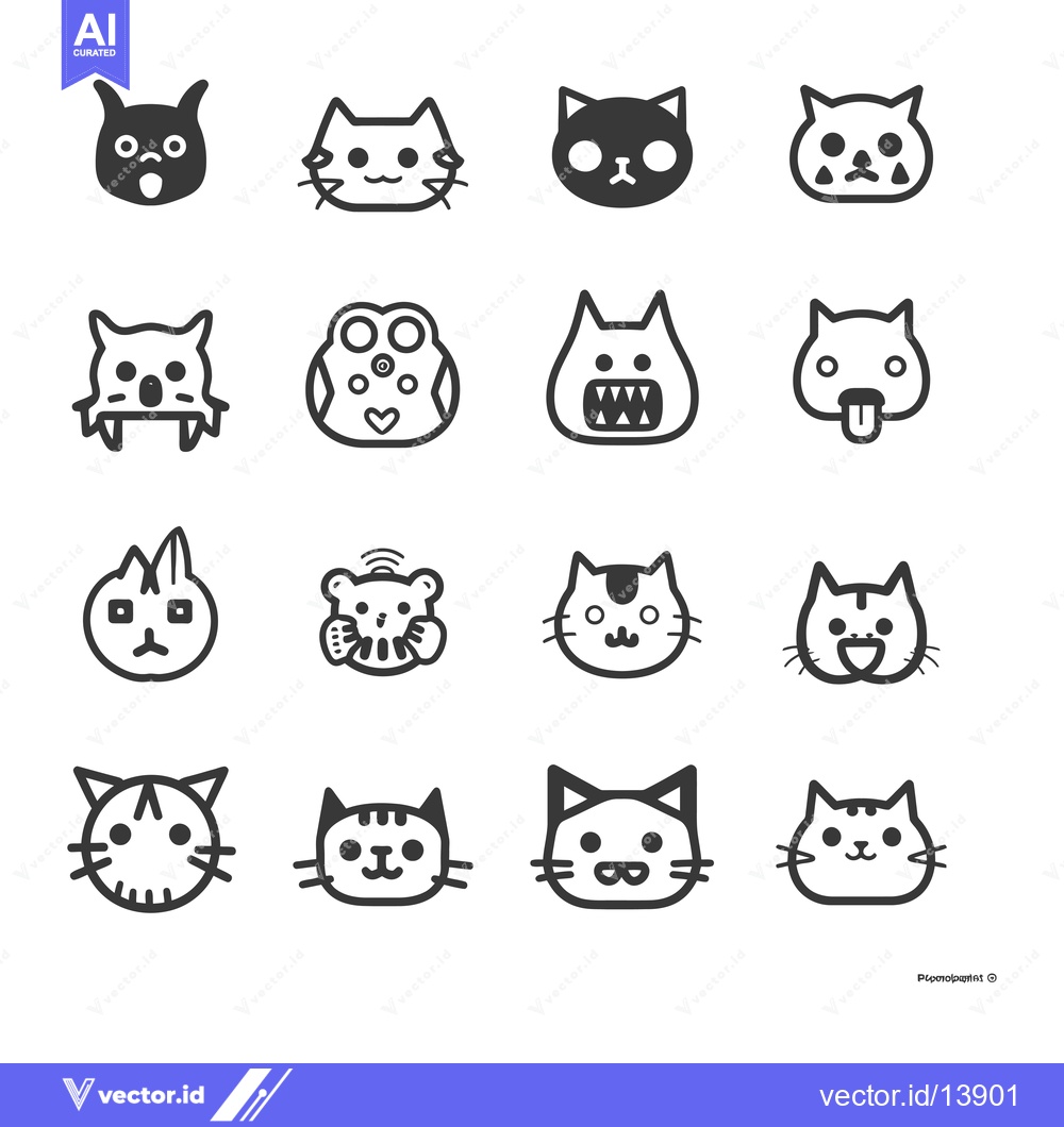 Premium Vector dari A Collection of Sixteen Cartoon Cat Faces with Various Expressions