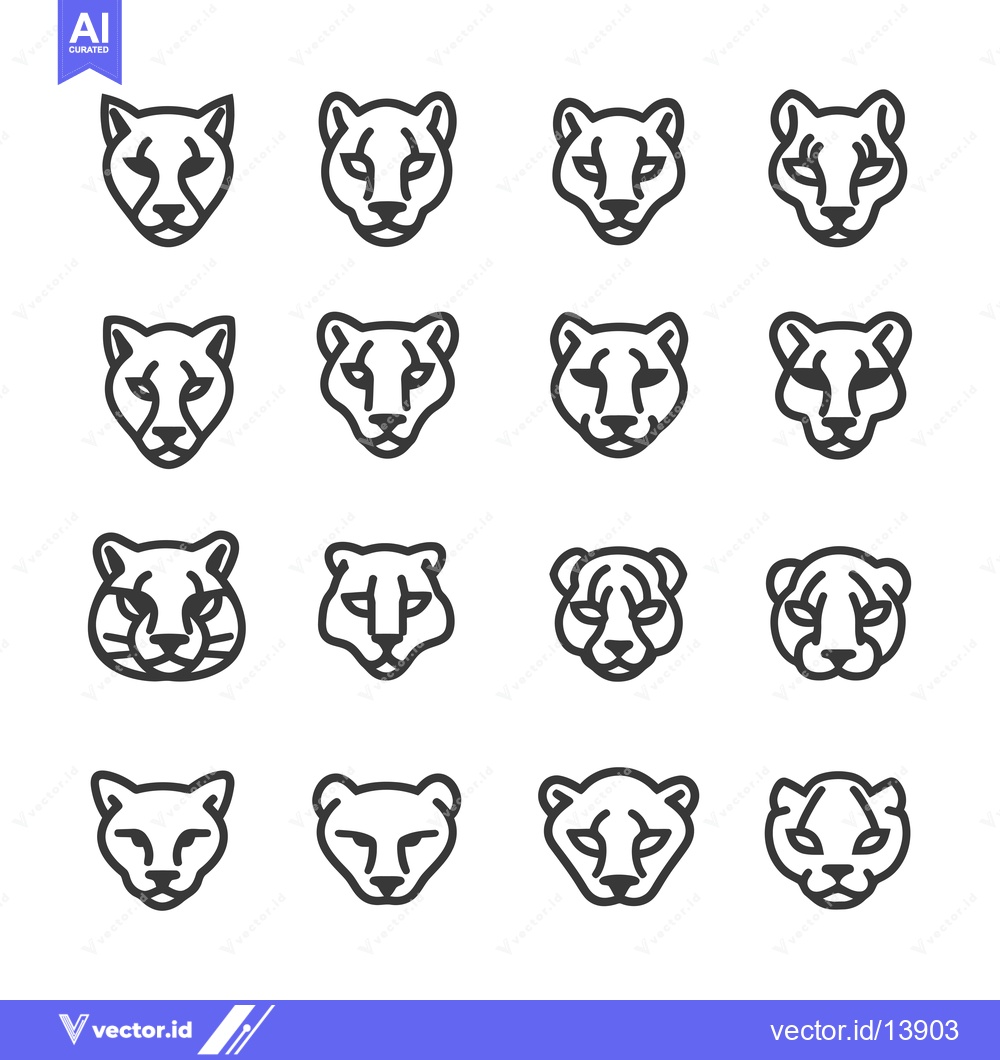 Premium Vector of A Collection of Sixteen Cheetah Head Line Icons in Black and White