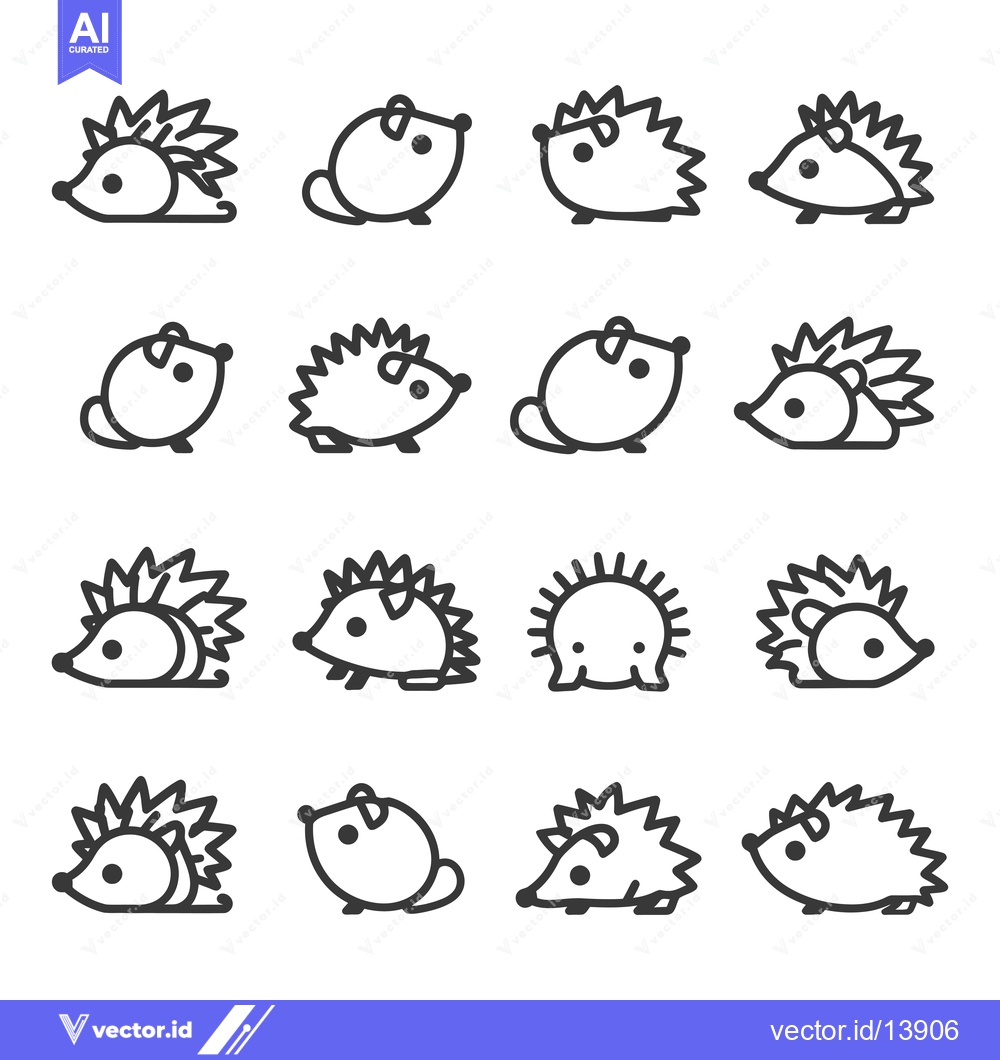 Premium Vector dari A Collection of Sixteen Different Hedgehog Line Art Illustrations
