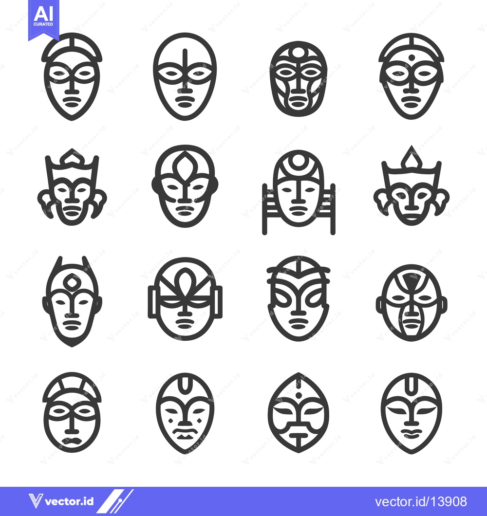 Premium Vector of A Collection of Sixteen Diverse Tribal Masks in Outline Style