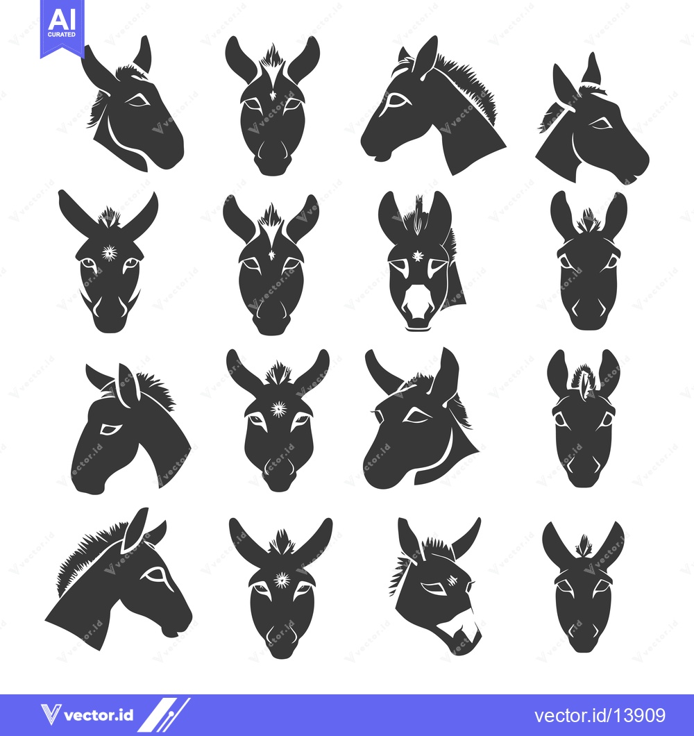 Premium Vector of A Collection of Sixteen Donkey Head Silhouettes in Various Poses