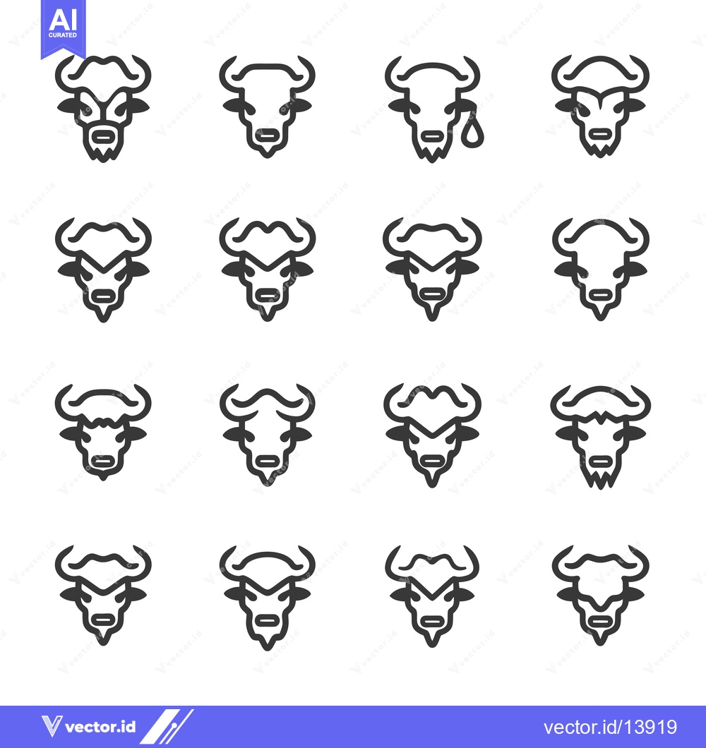 Premium Vector of A Collection of Sixteen Line Art Buffalo Head Illustrations