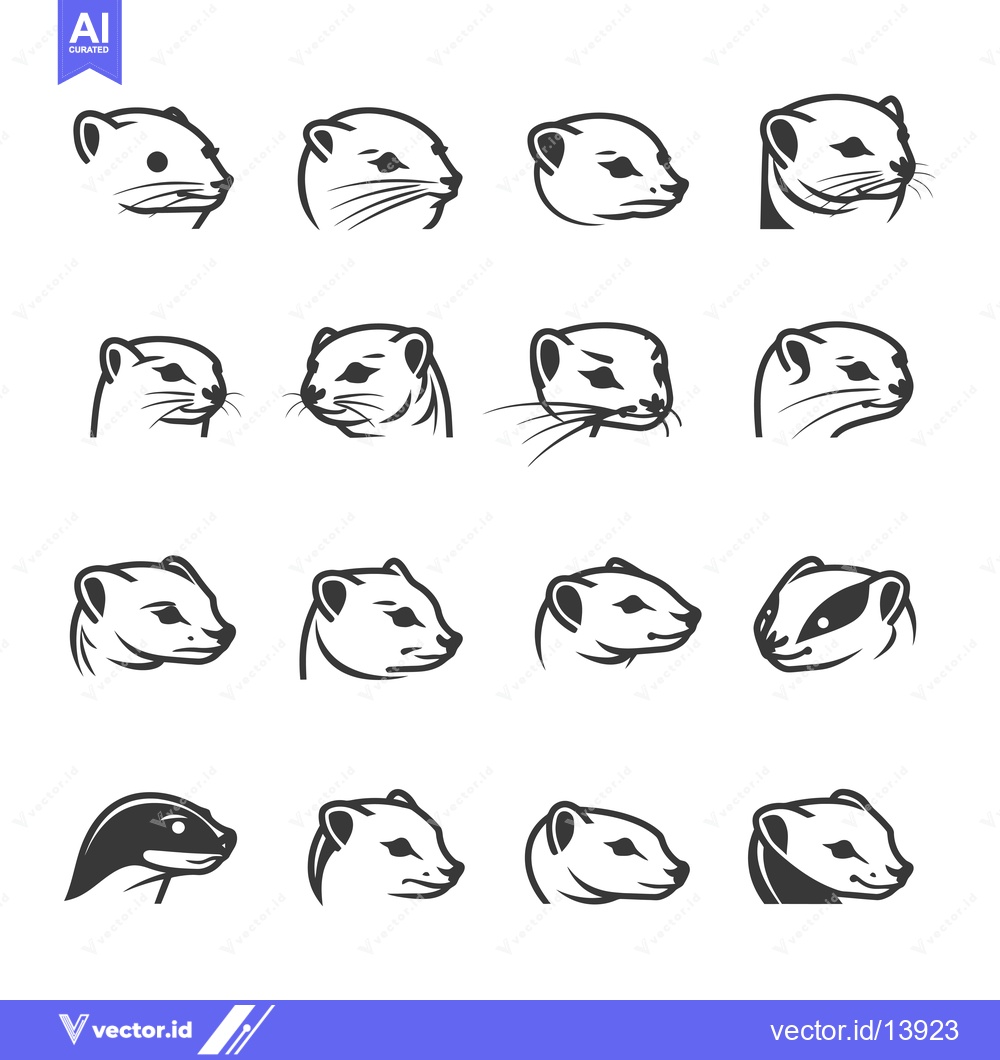 Premium Vector dari A Collection of Sixteen Line Art Illustrations of a Weasel's Head Faci