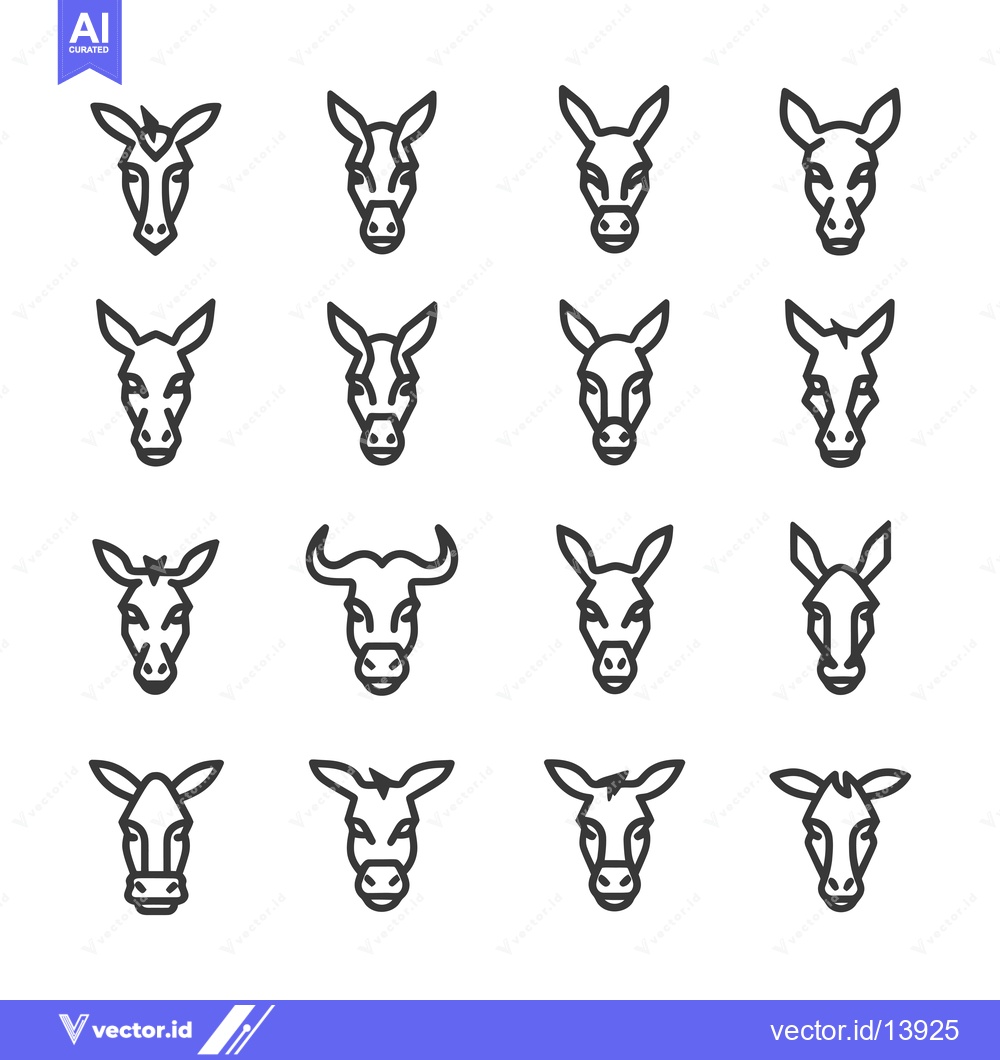 Premium Vector of A Collection of Sixteen Line Drawings of Donkey Heads Facing Forward