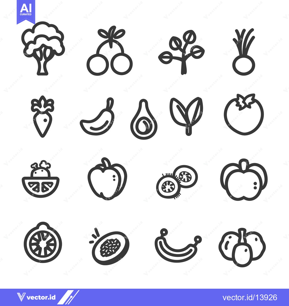 Premium Vector of A Collection of Sixteen Line Drawings of Fruits and Vegetables
