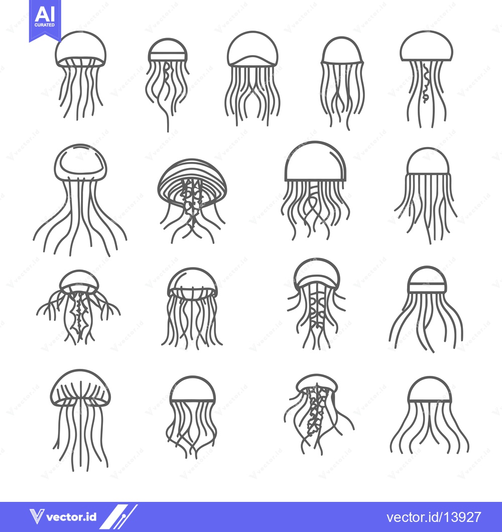 Premium Vector of A Collection of Sixteen Line Drawings of Jellyfish