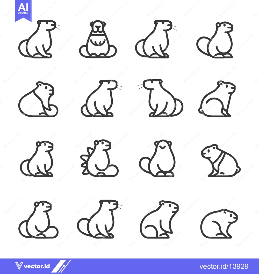 Premium Vector of A Collection of Sixteen Line Drawings of Sitting Groundhogs