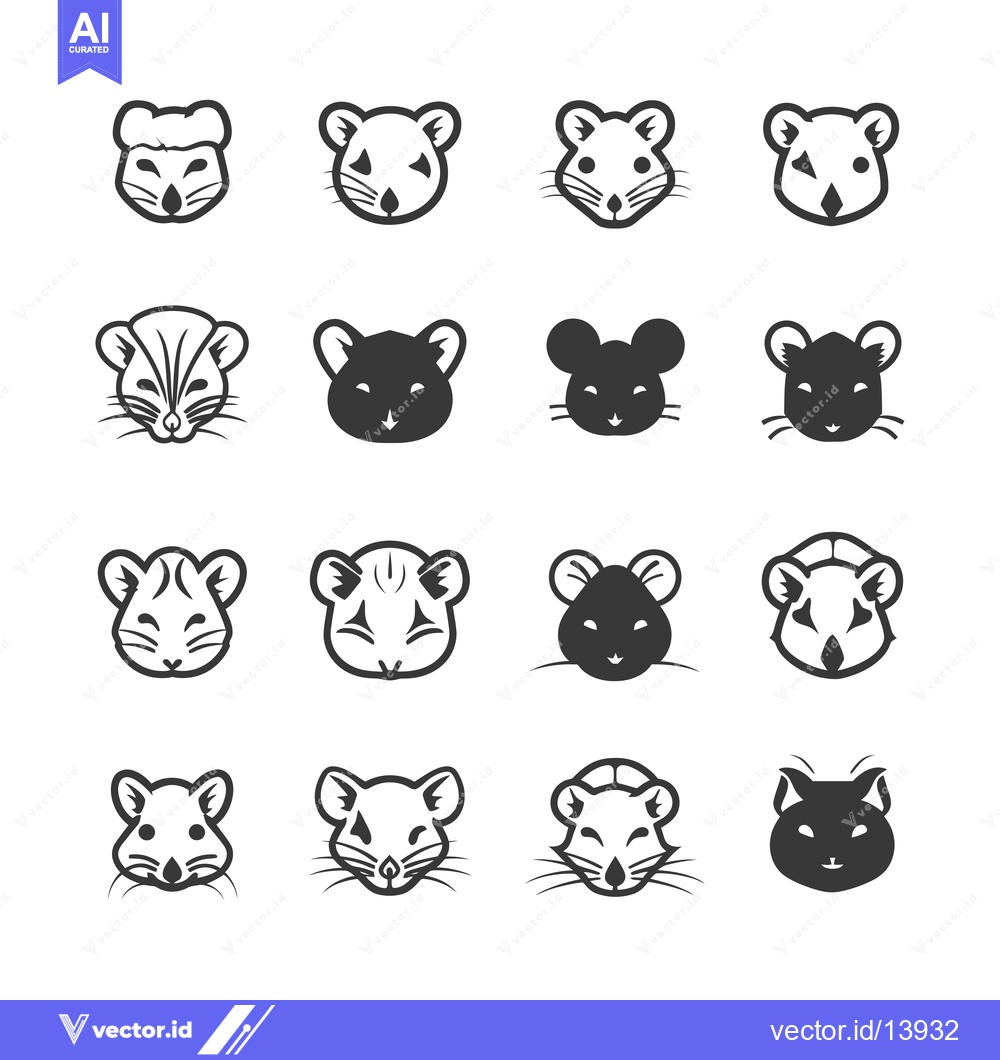 Premium Vector dari A Collection of Sixteen Mouse and Rat Head Illustrations in Black and