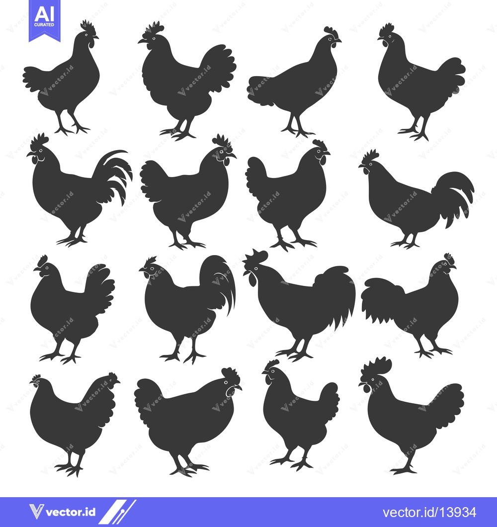 Premium Vector of A Collection of Sixteen Silhouettes of Chickens and Roosters