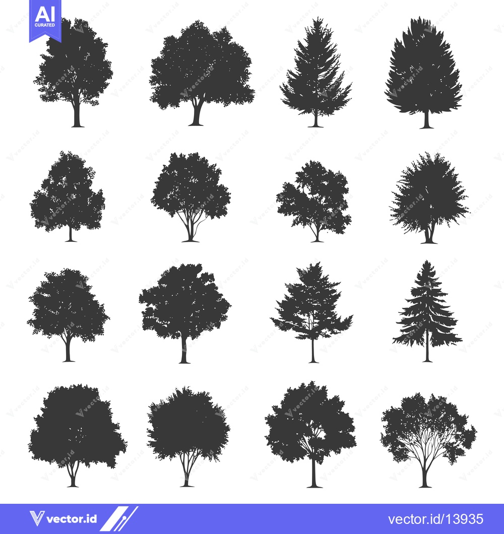 Premium Vector dari A Collection of Sixteen Silhouettes of Deciduous and Coniferous Trees