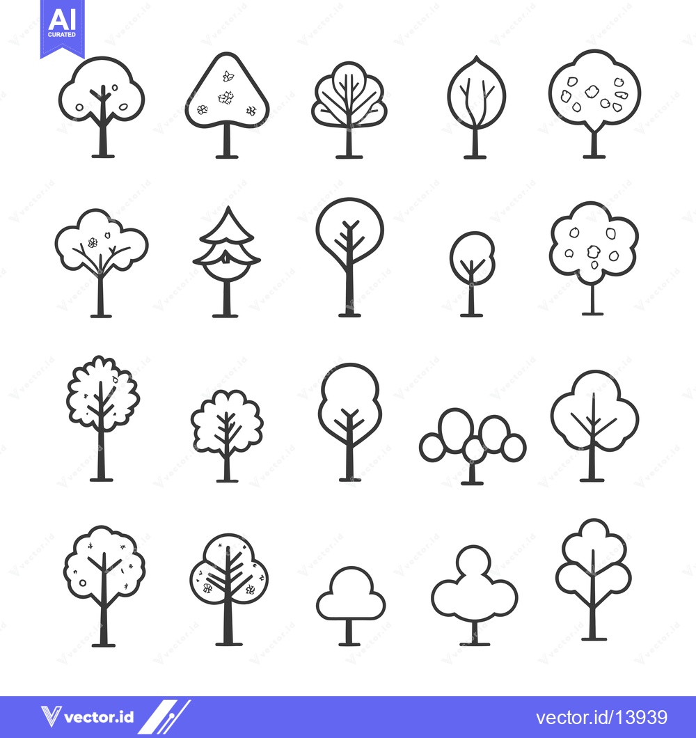 Premium Vector dari A Collection of Sixteen Simple Tree Line Drawings
