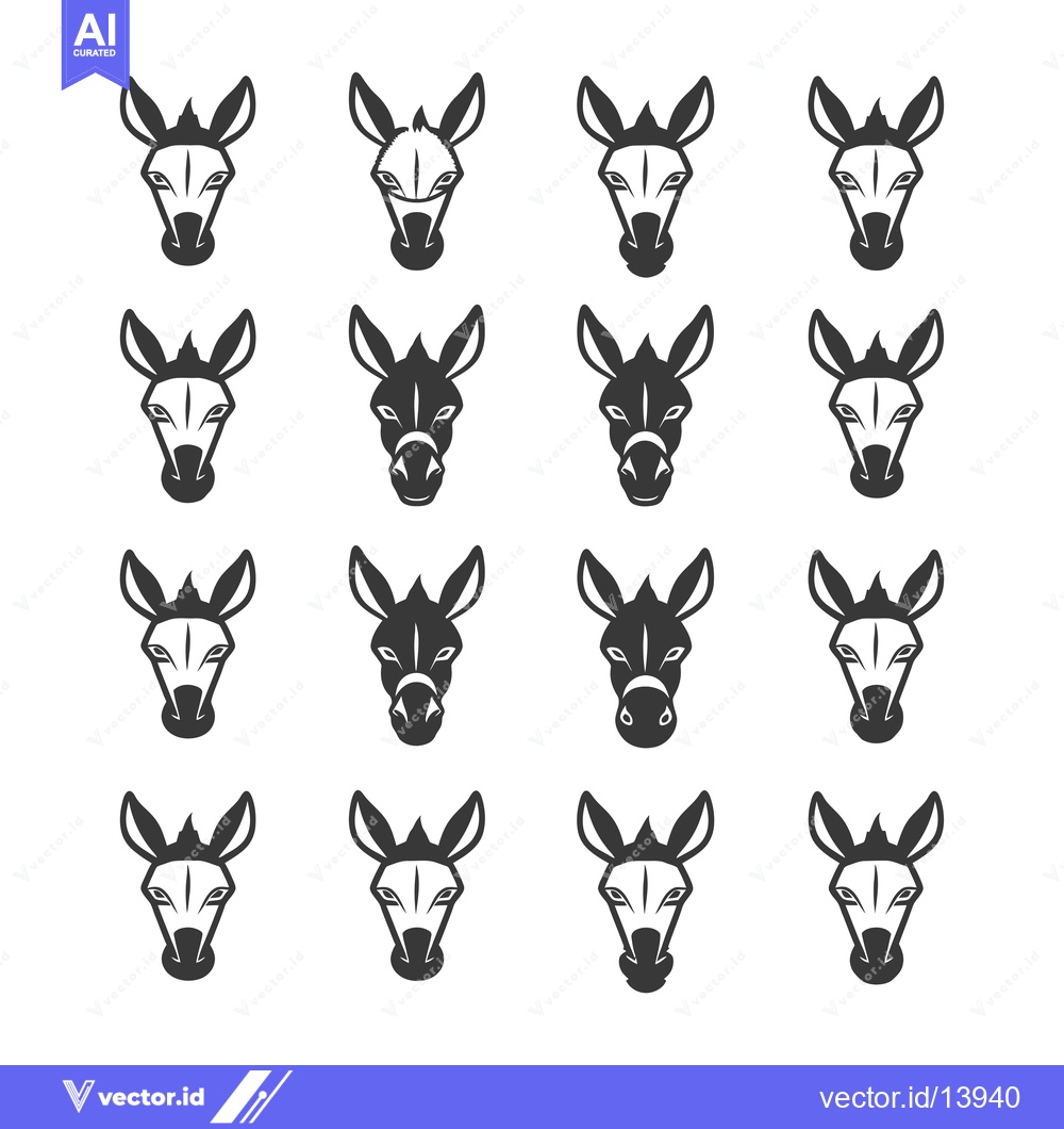 Premium Vector dari A Collection of Sixteen Stylized Donkey Heads Facing Forward