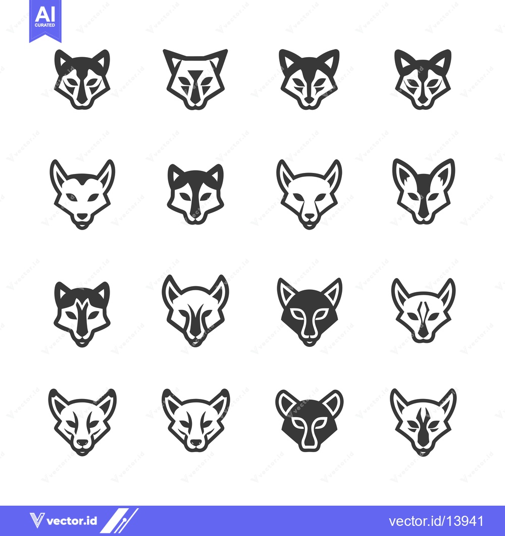 Premium Vector dari A Collection of Sixteen Stylized Fox Head Icons in Black and White