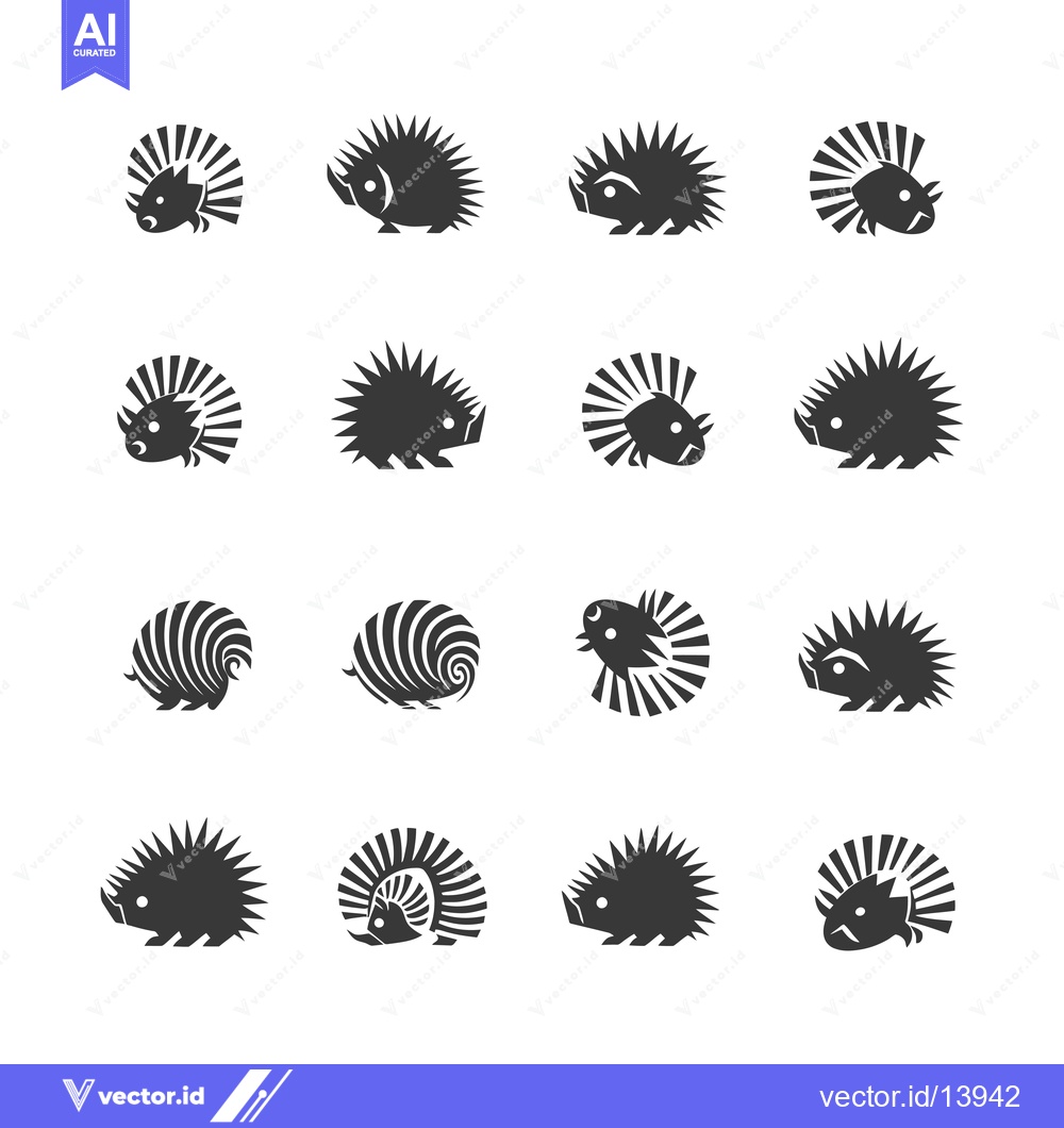 Premium Vector dari A Collection of Sixteen Stylized Hedgehog Silhouettes in Black
