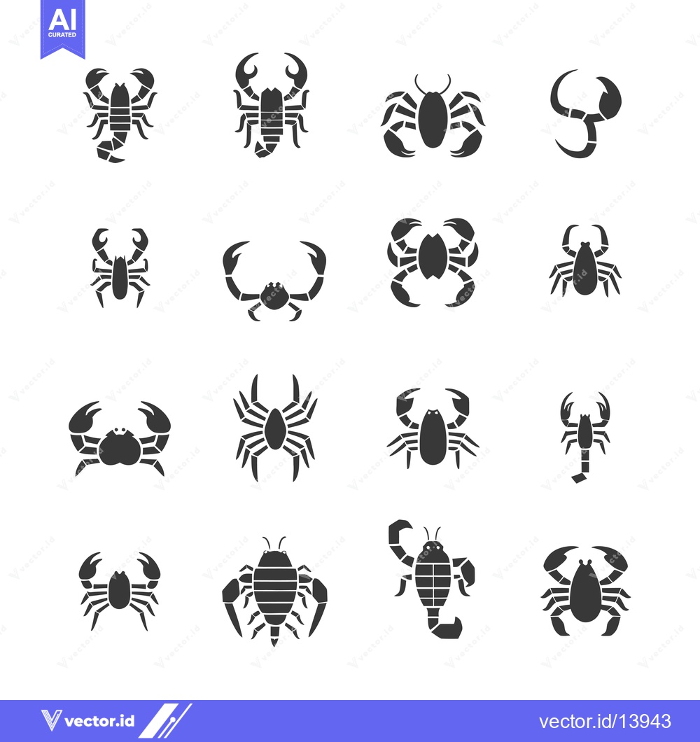 Premium Vector of A Collection of Sixteen Stylized Scorpion and Crab Icons