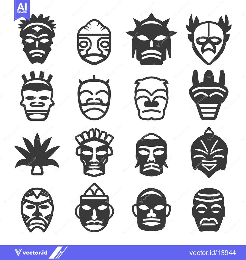 Premium Vector dari A Collection of Sixteen Tribal Masks with Unique Designs