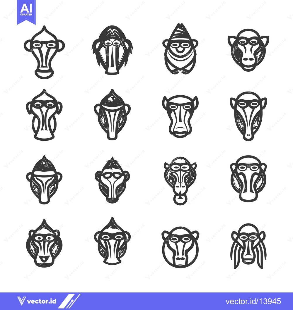 Premium Vector dari A Collection of Sixteen Unique Baboon Face Illustrations in Black and