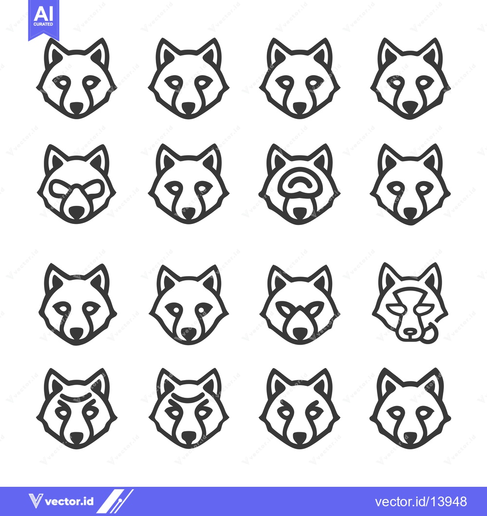 Premium Vector of A Collection of Sixteen Wolf Head Line Art Icons