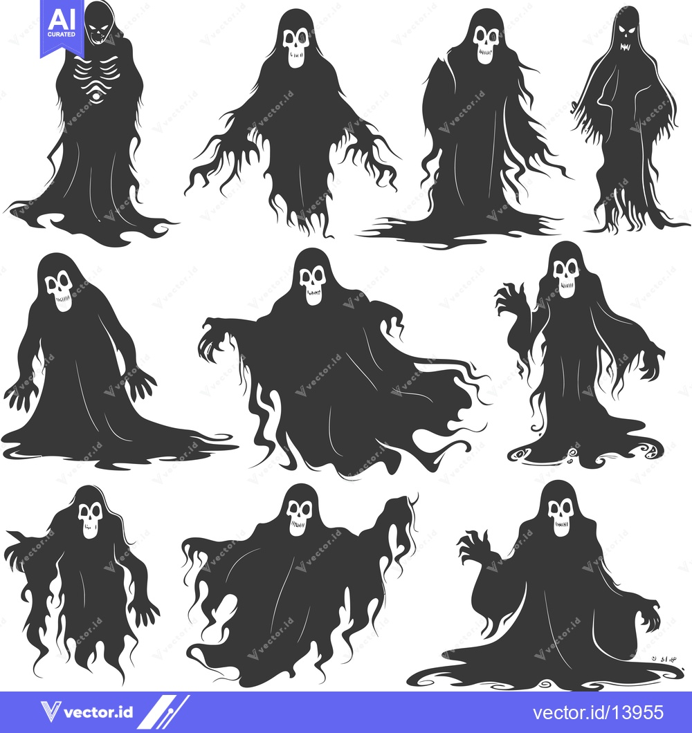 Premium Vector dari A Collection of  Spooky Ghost Silhouettes with Skulls