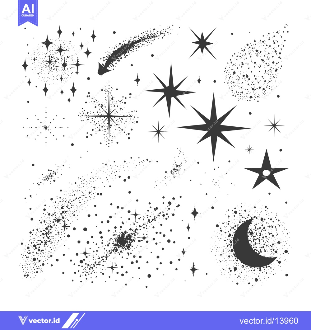 Premium Vector of A Collection of Stars and a Crescent Moon with Scattered Dots