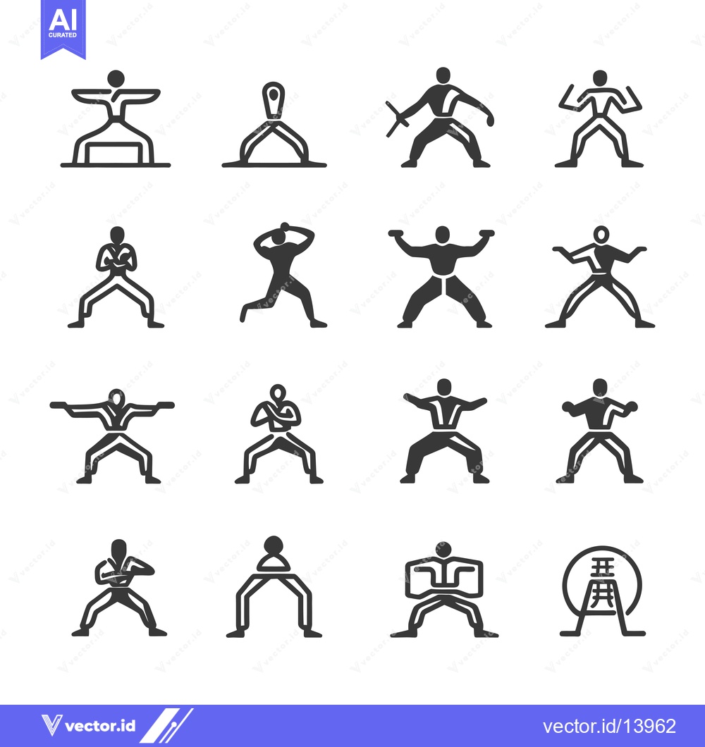 Premium Vector of A Collection of Stick Figure Martial Arts Poses and Icons