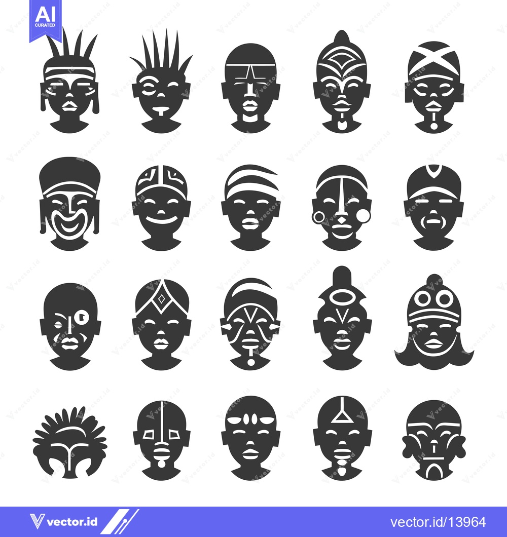 Premium Vector of A Collection of Stylized African Tribal Masks in Black and White