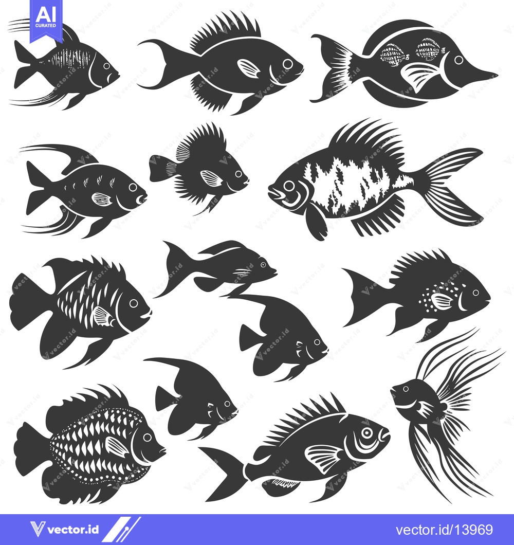 Premium Vector of A Collection of Stylized Black and White Fish Silhouettes