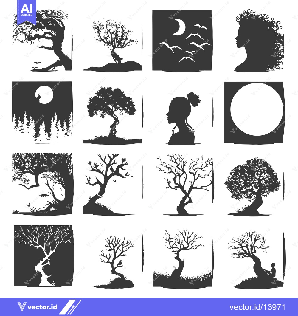 Premium Vector of A Collection of Stylized Black and White Tree and Human Silhouettes