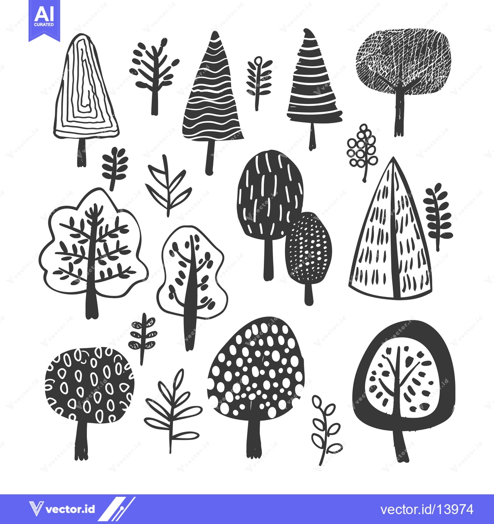Premium Vector dari A Collection of Stylized Black and White Trees and Branches