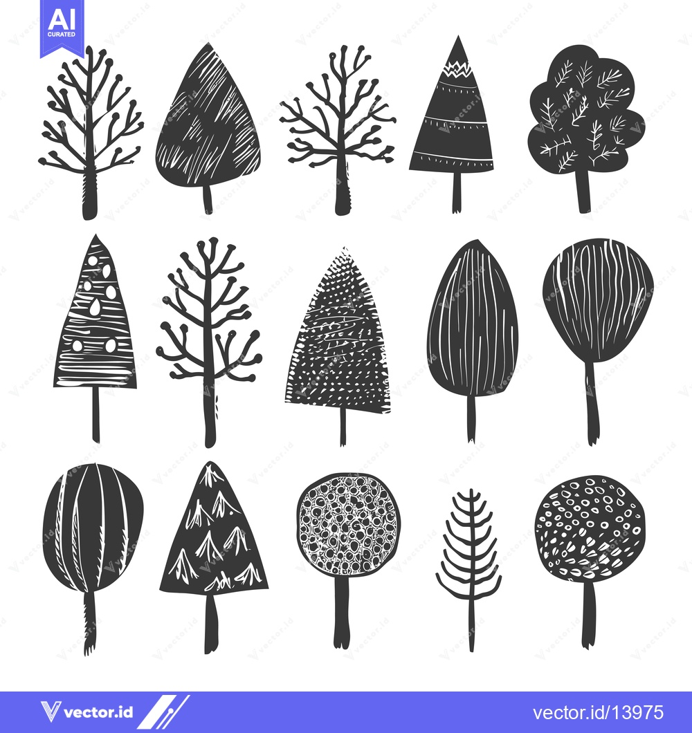 Premium Vector of A Collection of Stylized Black and White Tree Silhouettes