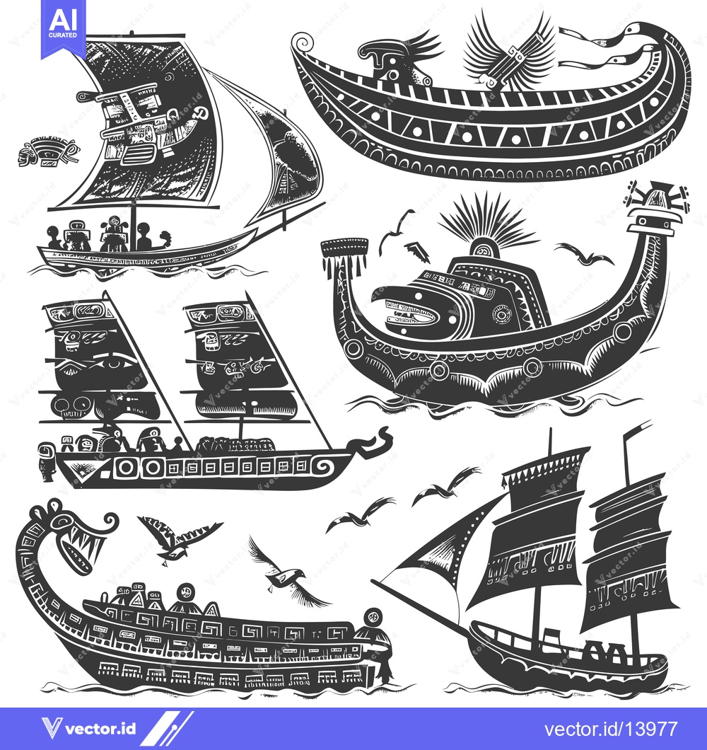Premium Vector of A Collection of Stylized Boats with Geometric Patterns and Animal Moti