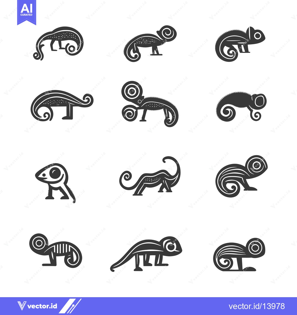 Premium Vector dari A Collection of Stylized Chameleon Silhouettes in Black and White