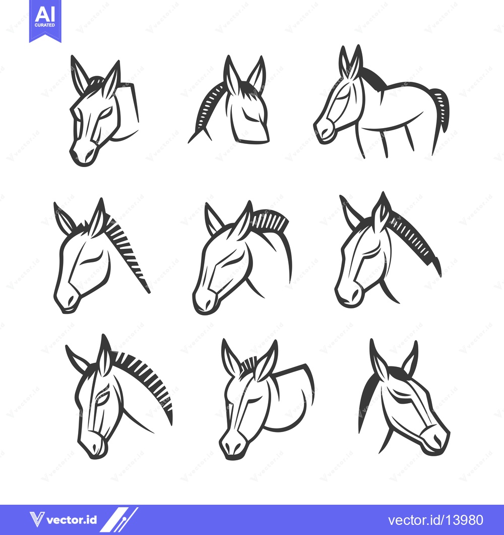 Premium Vector dari A Collection of Stylized Donkey Head Illustrations
