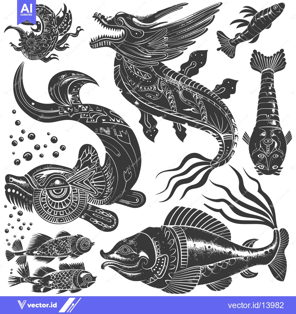 Premium Vector of A collection of stylized fish and a dragon with intricate designs