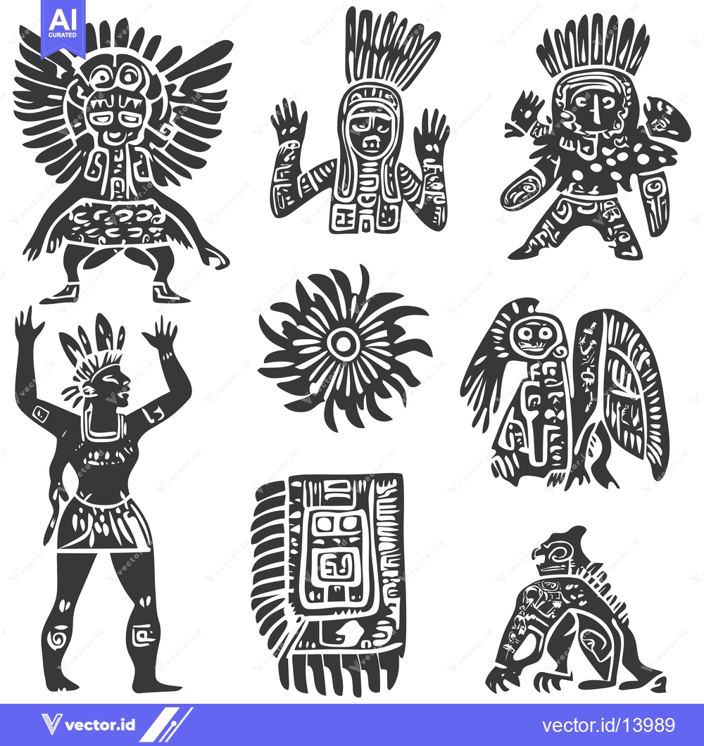 Premium Vector of A Collection of Stylized Native American Figures and Symbols