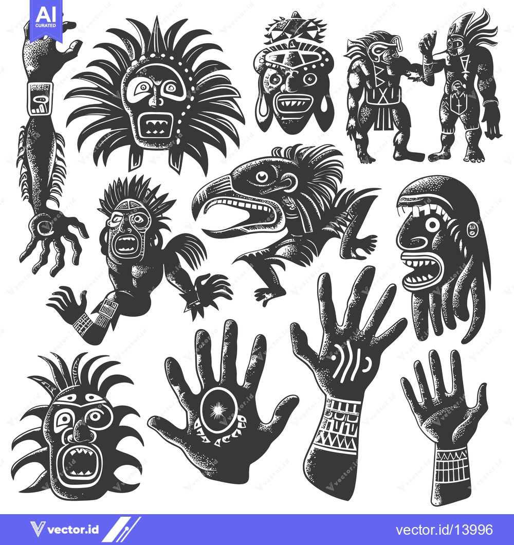 Premium Vector of A Collection of Stylized Tribal Masks, Figures, and Hands