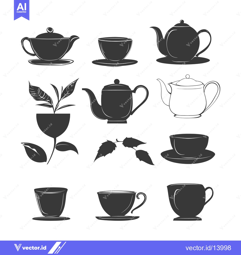Premium Vector of A collection of teacups and teapots with tea leaves