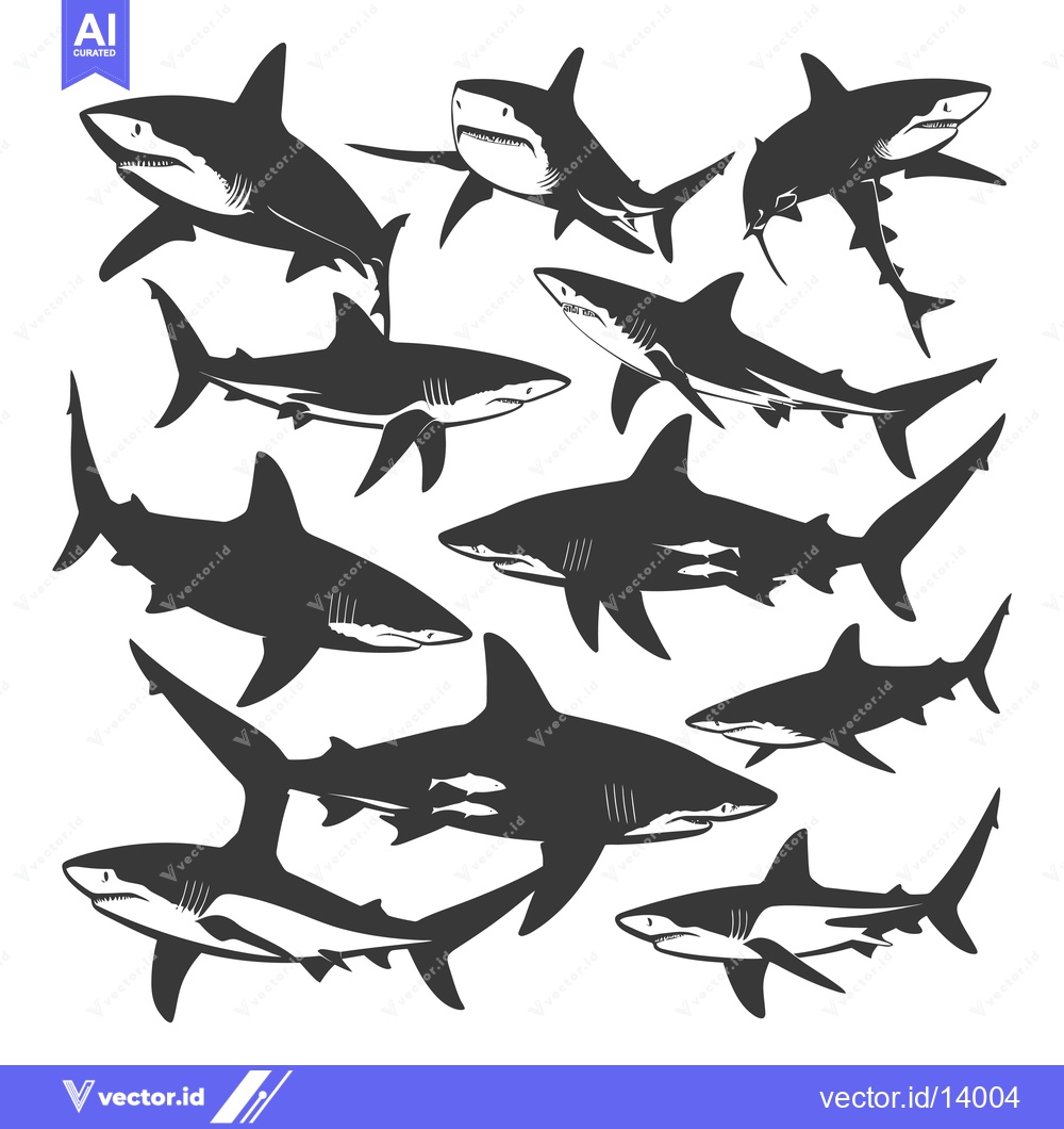 Premium Vector dari A Collection of Ten Black and White Shark Silhouettes